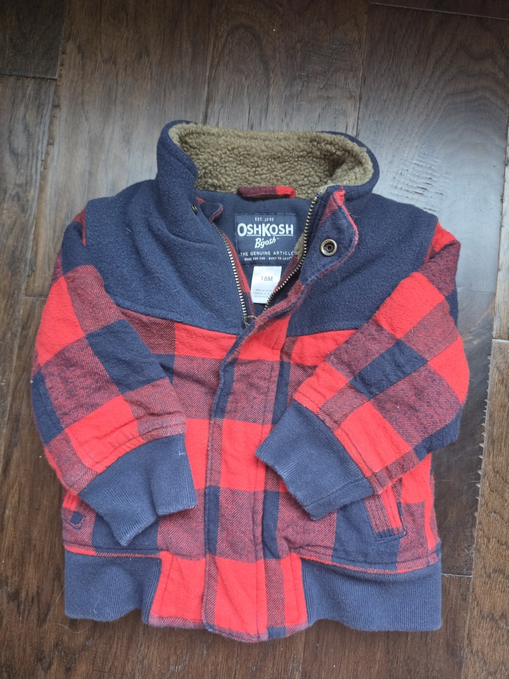 OshKosh B'gosh Red & Navy Plaid Sherpa-Lined Hoodie - 18 MONTHS